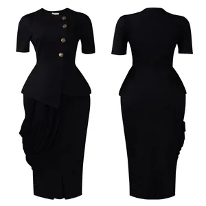 Comprehensive front and back view of an elegant black peplum top and skirt set.