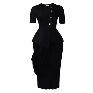 Elegant black two-piece set featuring peplum top with gold buttons and draped pencil skirt
