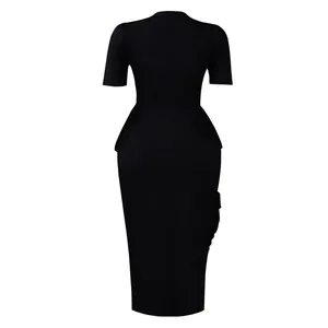 Detailed back view of elegant black peplum top and pencil skirt two-piece set