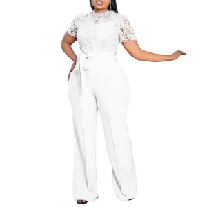 Detailed look at elegant white lace hollow-out short sleeve high waist wide leg jumpsuit