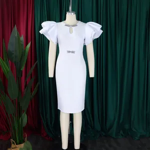 Elegant white bodycon party dress featuring tiered ruffle sleeves and rhinestone neck detail