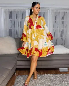 Floral print V-neck mini dress with elegant patchwork design and loose silhouette