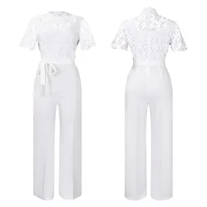 Front and back detail view of a white lace hollow-out high waist wide-leg jumpsuit.