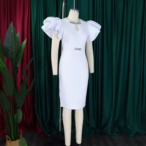Elegant white bodycon party dress with ruffled sleeves and sparkling rhinestone waist detail.