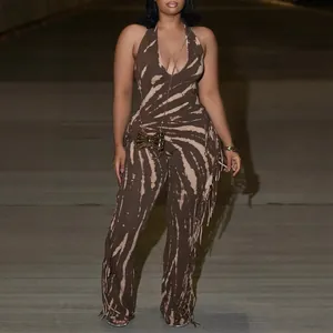 Elegant sexy halter neck tie-dye jumpsuit with side fringe and flared leg silhouette