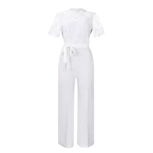 White lace short-sleeve jumpsuit featuring high-waist wide-leg pants and a waist tie belt.