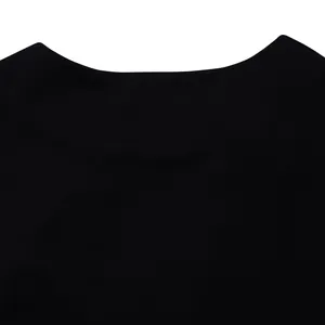 Close-up detail of the smooth black round neckline on a stylish fashion top garment