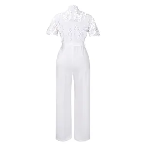Detailed back view of a white floral lace hollow-out jumpsuit with wide-leg trousers