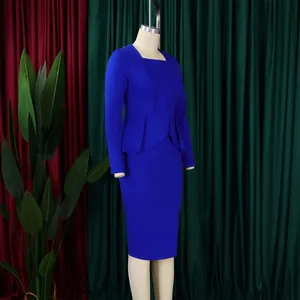 Elegant royal blue long-sleeved peplum midi dress designed for formal office wear