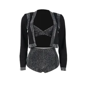 Elegante set nero da 3 pezzi con strass argentati scintillanti per eventi serali chic