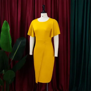 Elegant high-waist yellow office dress with ruffle sleeves displayed on a professional mannequin.