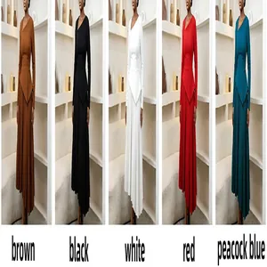 Elegant asymmetrical neck pleated maxi dress in brown, black, white, red, and blue.