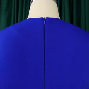 Detailed view of the back neck of a royal blue dress with a matching invisible zipper