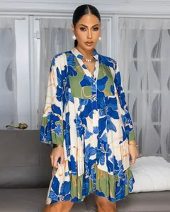 Elegant loose floral print V-neck patchwork contrast color short dress on model