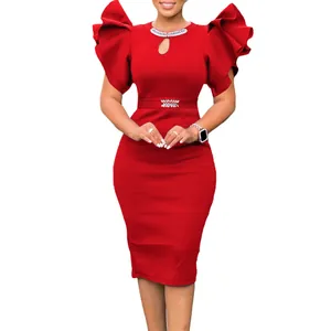 Elegant red bodycon party dress with rhinestone neckline and dramatic ruffle sleeves