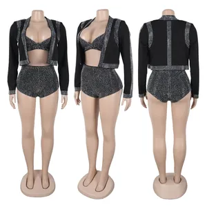 Viste dettagliate del sexy completo nero tre pezzi con strass argentati brillanti