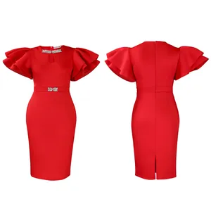Elegant red bodycon party dress with ruffled sleeves and rhinestone detail front/back