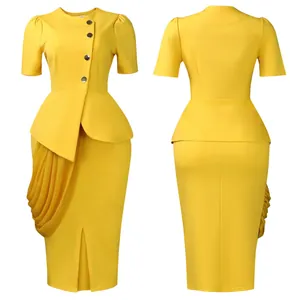 Front and back view of elegant yellow two-piece set with peplum top and bodycon skirt.