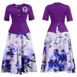 Elegante abito estivo viola a due pezzi con gonna a ruota floreale e scollo a V.