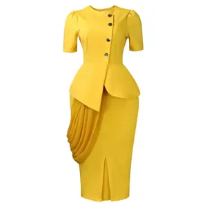 Elegant yellow two-piece set featuring a stylish peplum top and draped pencil skirt