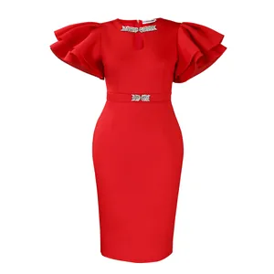 Elegant red bodycon party dress with ruffled sleeves and crystal rhinestone accents