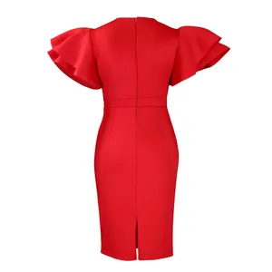 Detailed back view of an elegant red bodycon dress with ruffled sleeves and hem slit