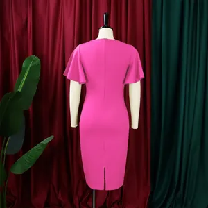 Detailed back view of a fuchsia office pencil dress with elegant ruffle sleeves and high waist