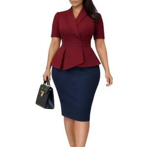 Elegant burgundy and navy blue peplum dress with a slim fit displayed on a model