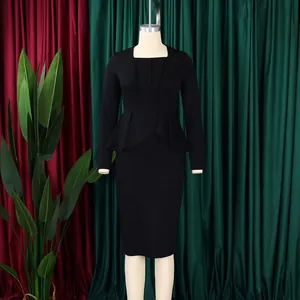 Elegant plus size black peplum dress with square neckline and long sleeves for OL style