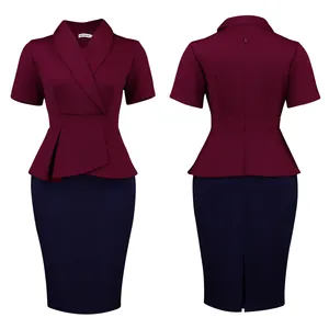 Front and back view of elegant burgundy peplum dress with navy blue pencil skirt