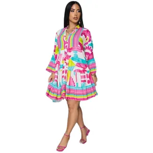 Elegant colorful abstract floral print loose fit mini dress with V-neck and tiered skirt