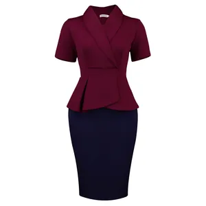 Elegant burgundy and navy color block peplum pencil dress shown from front view