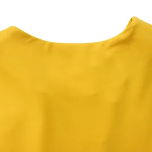 Detailed close-up of vibrant yellow fabric texture and neckline stitching for fashion top