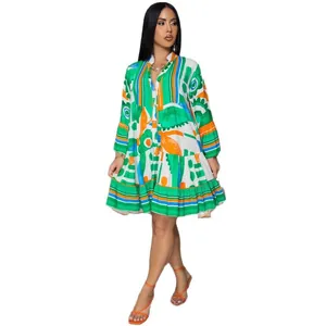 Detailed view of women's elegant V-neck floral print dress with loose contrast panels