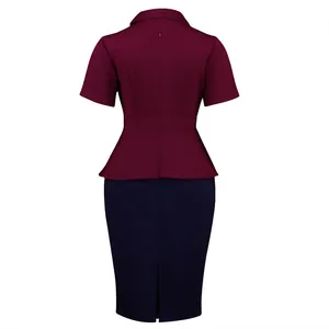 Detailed back view of an elegant two-tone peplum bodycon dress in burgundy and navy blue