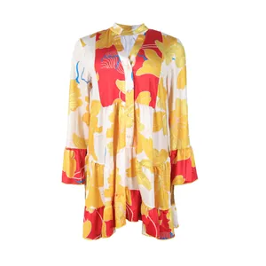 Elegant loose-fit floral print dress with a V-neck and vibrant color-block panels