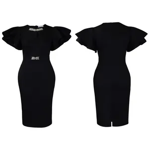 Elegant black cocktail midi dress with layered ruffle sleeves and leaf rhinestone accents