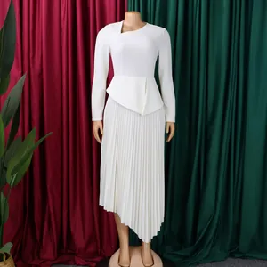 Elegant white long-sleeve dress with asymmetrical neck and pleated hem details
