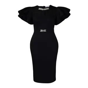 Elegant black bodycon evening dress featuring ruffle sleeves and rhinestone accents