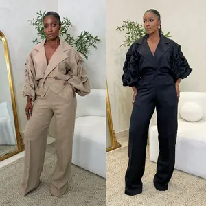 Damen 2-Teiliges Business Casual Anzug Set Großes Revers Faltenärmel Blazer Und Weite Hose Büro Outfit