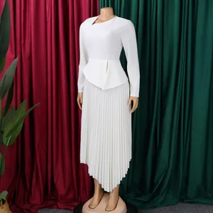 Elegant white pleated midi dress featuring an asymmetrical neckline and long sleeves on mannequin