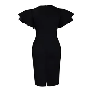 Rear view detail of a black bodycon party dress featuring double layer ruffle sleeves