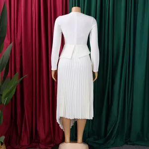 Back view of an elegant white pleated midi dress featuring a high waist and peplum
