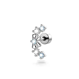 Pendiente de arco plateado con circonitas azules y blancas para piercing