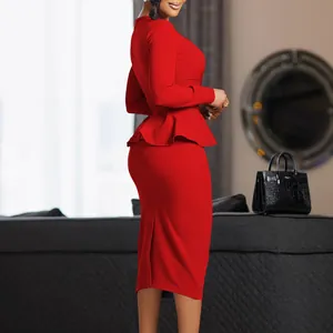Detailed back view of an elegant red long sleeve peplum dress with pencil skirt