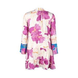 Back view of a chic floral print V-neck mini dress featuring blue contrast bell cuffs