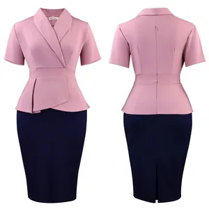 Front and back view of elegant pink peplum dress with navy pencil skirt and shawl collar.