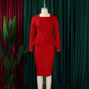 Elegant red long sleeve dress with peplum waist detail and square neckline for women