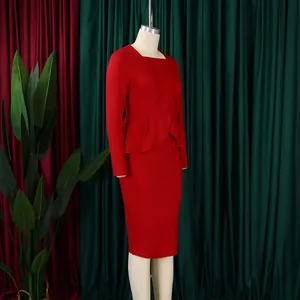 Elegant red peplum dress with long sleeves and square neckline, ideal for office wear