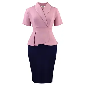 Elegant short sleeve peplum patchwork pencil dress featuring a pink top and navy blue skirt